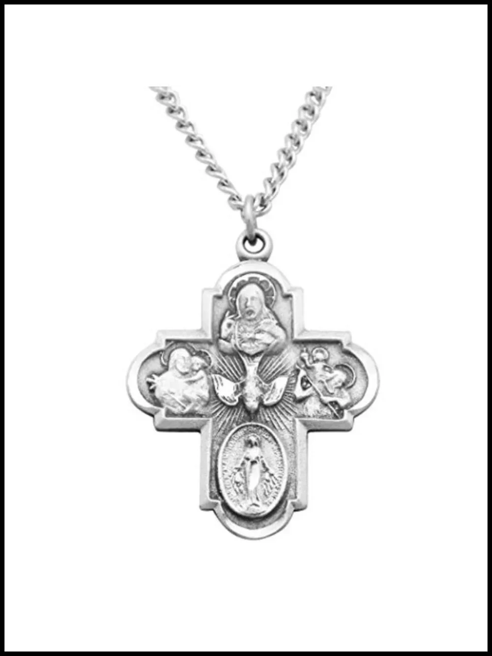 Catholic Four Way Cross Medal Pendant Necklace Pewter Stainless Steel 24 Inch